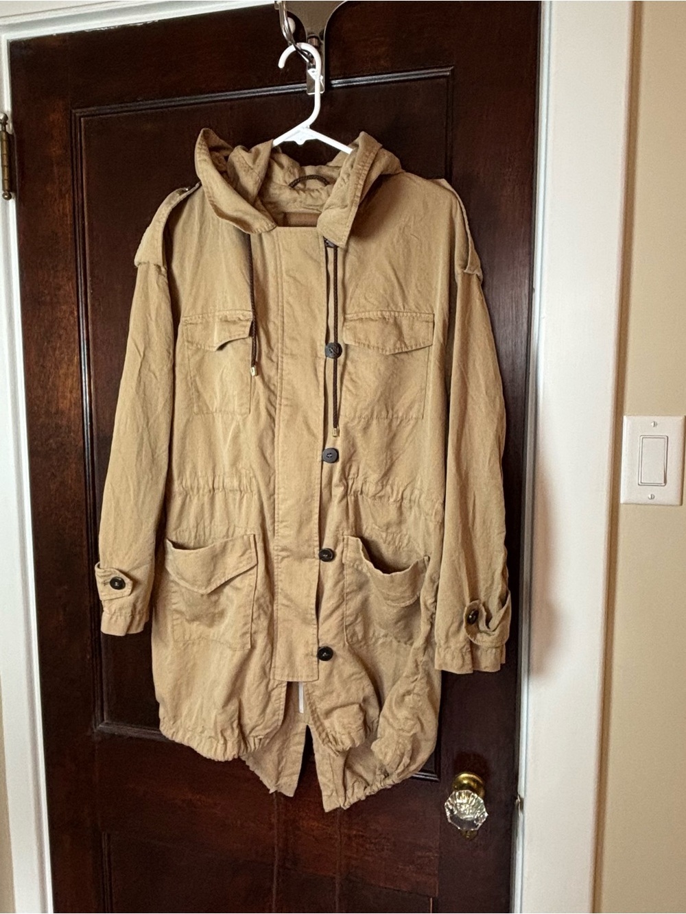 Massimo Dutti Women’s Jacket XL Tan Brown Trench Coat Hooded Inner Drawstring